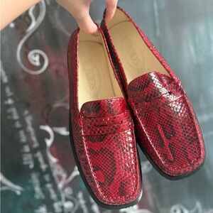 Tod’s Red Snakeskin Leather Gommino Loafers